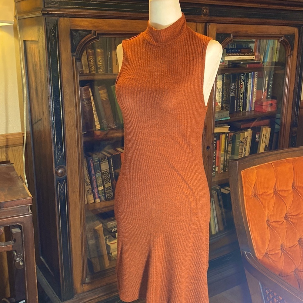 FOREVER 21 RIBBED SLEEVELESS MOCK TURTLENECK MINI DRESS ORANGE Sz S - Picture 3 of 11